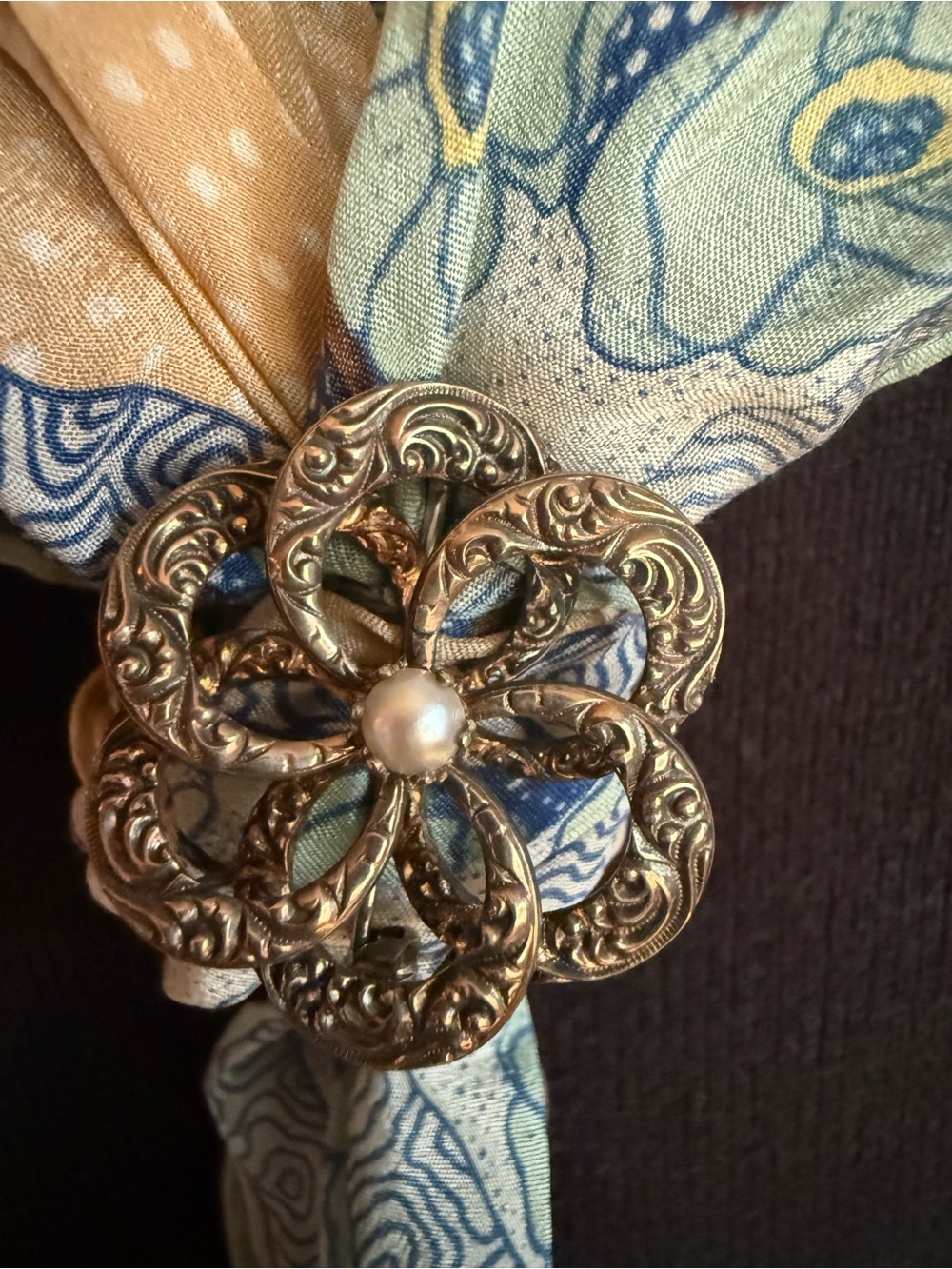 Vintage Daniel H Sterling 14K Pearl Floral Brooch Mixed Metal Pin